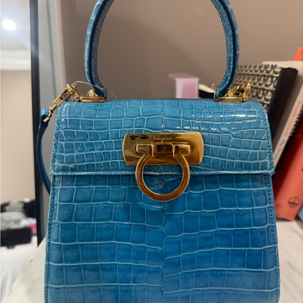 Salvatore Ferragamo Blue Crocodile Top Handle Bag